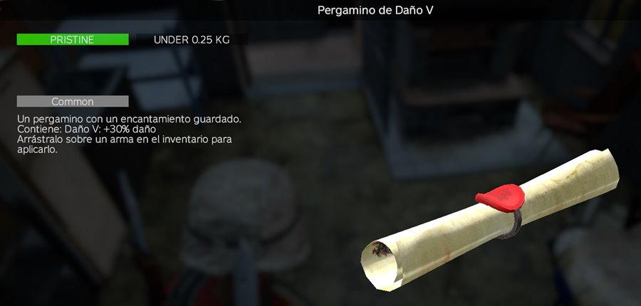 Pergamino de Daño V: contiene Daño V (+30 % daño); se arrastra sobre un arma para aplicarlo