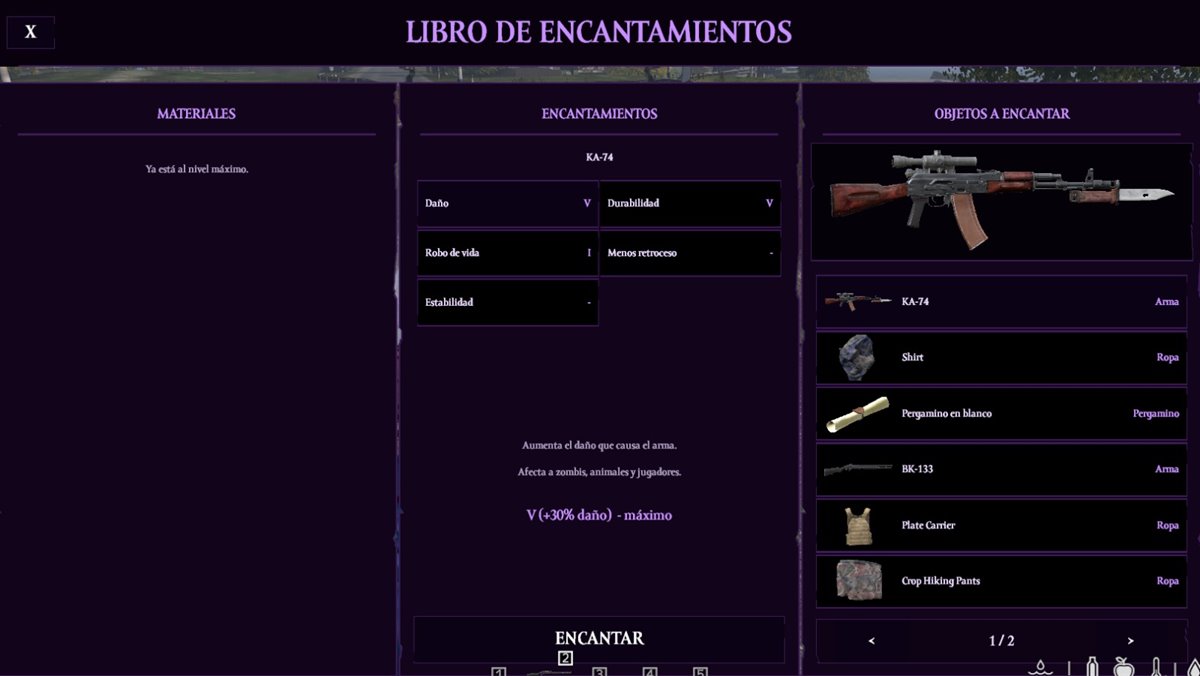 Menú del libro de encantamientos con un AK-74 elegido: Daño V, Durabilidad V y Robo de vida I