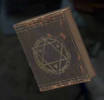 Libro de encantamientos en el juego: tapas de cuero gastado con un sello grabado