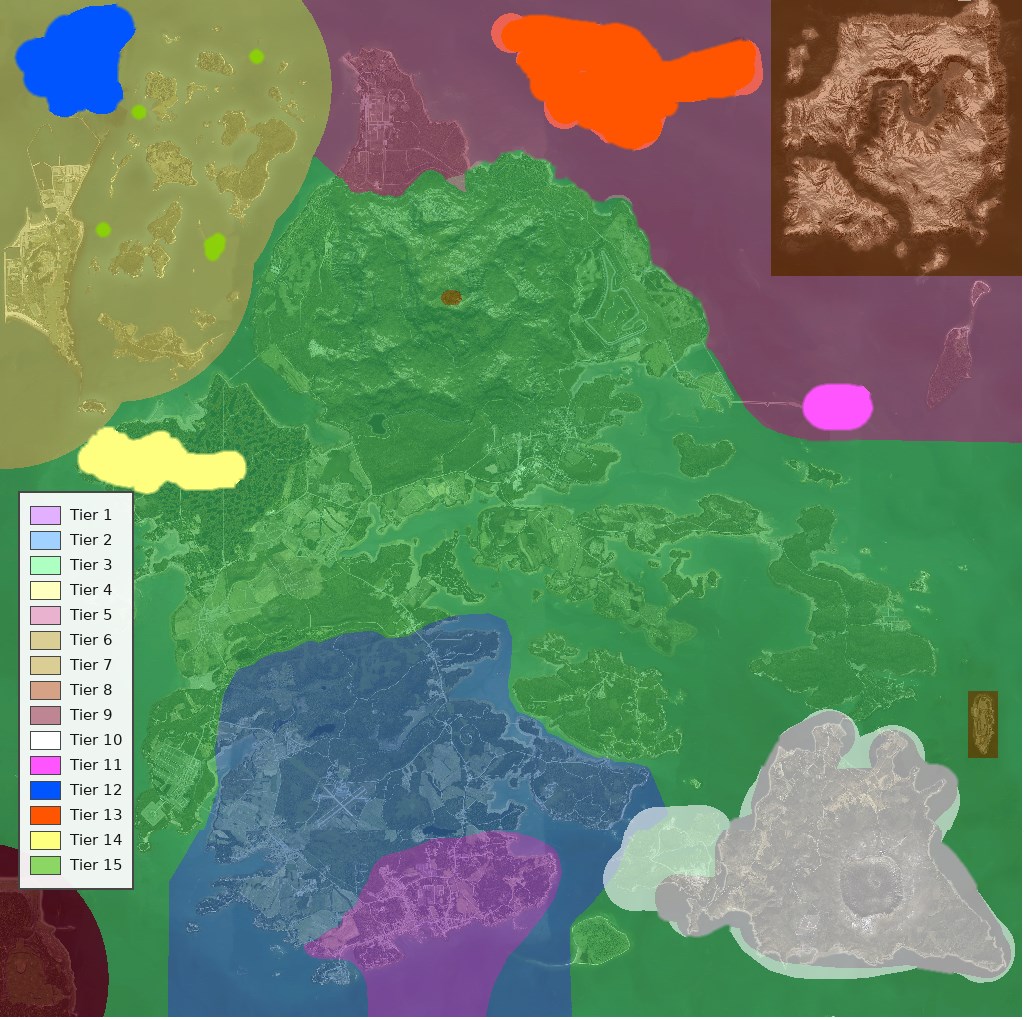 Mapa de Deer Isle con la distribución de zonas de loot por tier y su leyenda